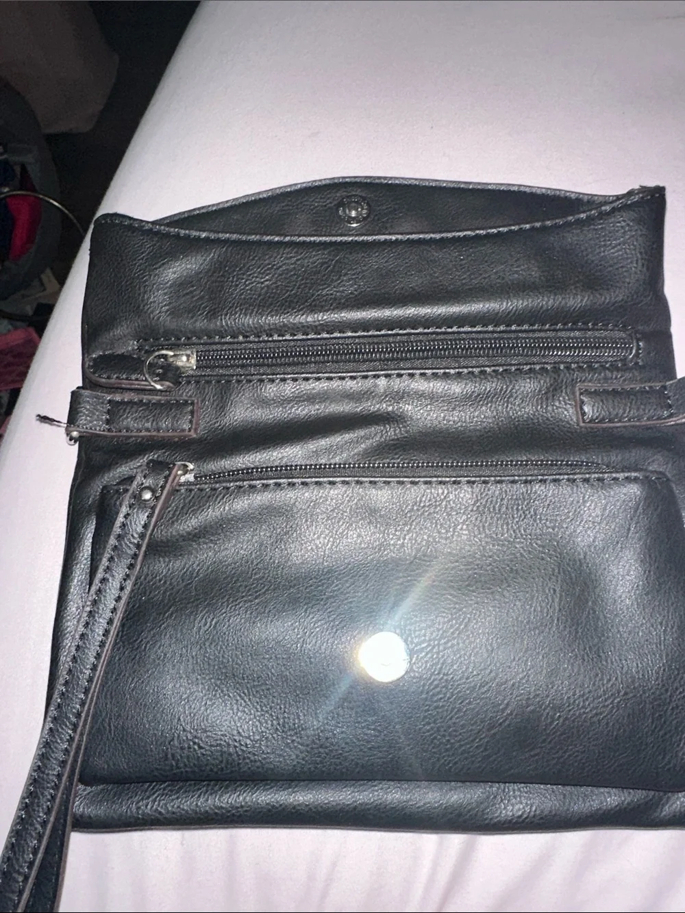 Carolya Tucker Fold-Over Black Leather Wristlet Clutch with Metal Logo Plaque ne